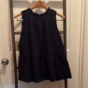 LOFT Dark Blue Ruffle Trim Top
